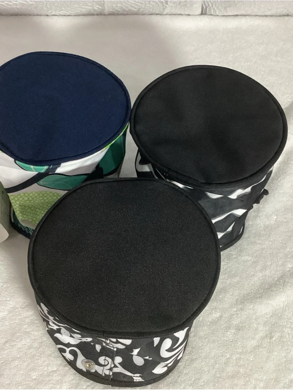 Thirty One Set of 3 Oh Snap 6” Round Bins NEW Black, Blue, White & Green Utility